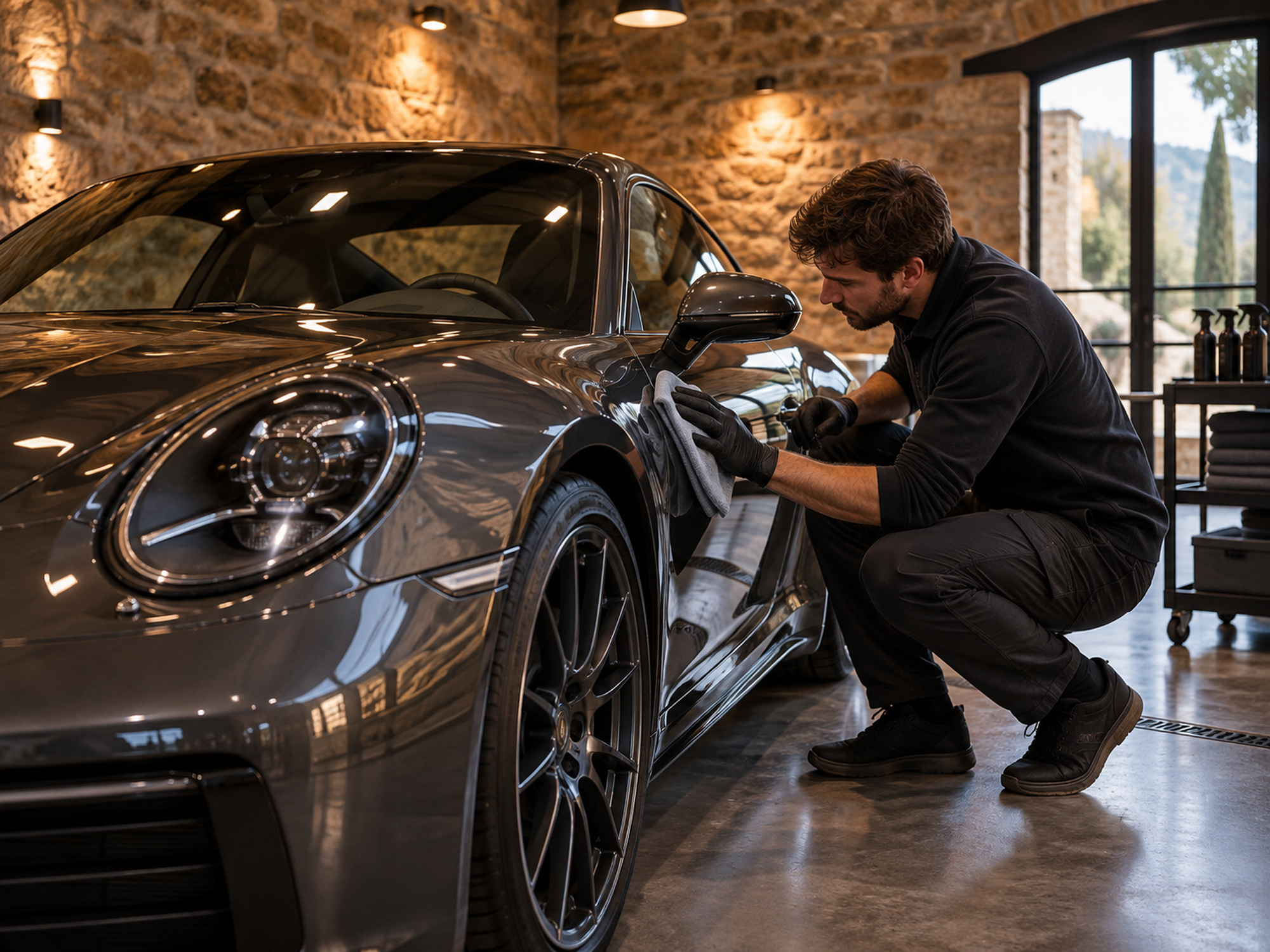 atelier aux murs de pierre, une voiture sous lumière douce